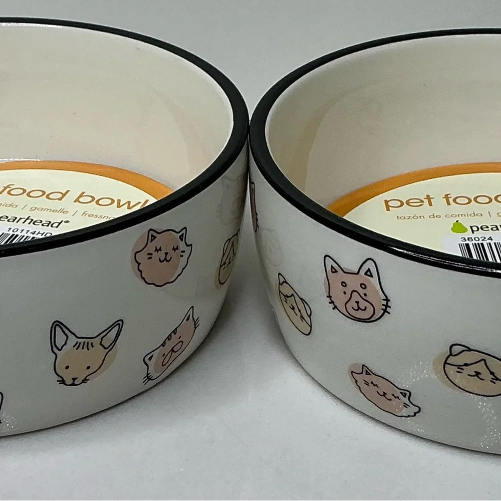 2 Cat Faces Pet Bowl Cat Water and Food Dish Pet Owner Cat Accessory Ceramic New